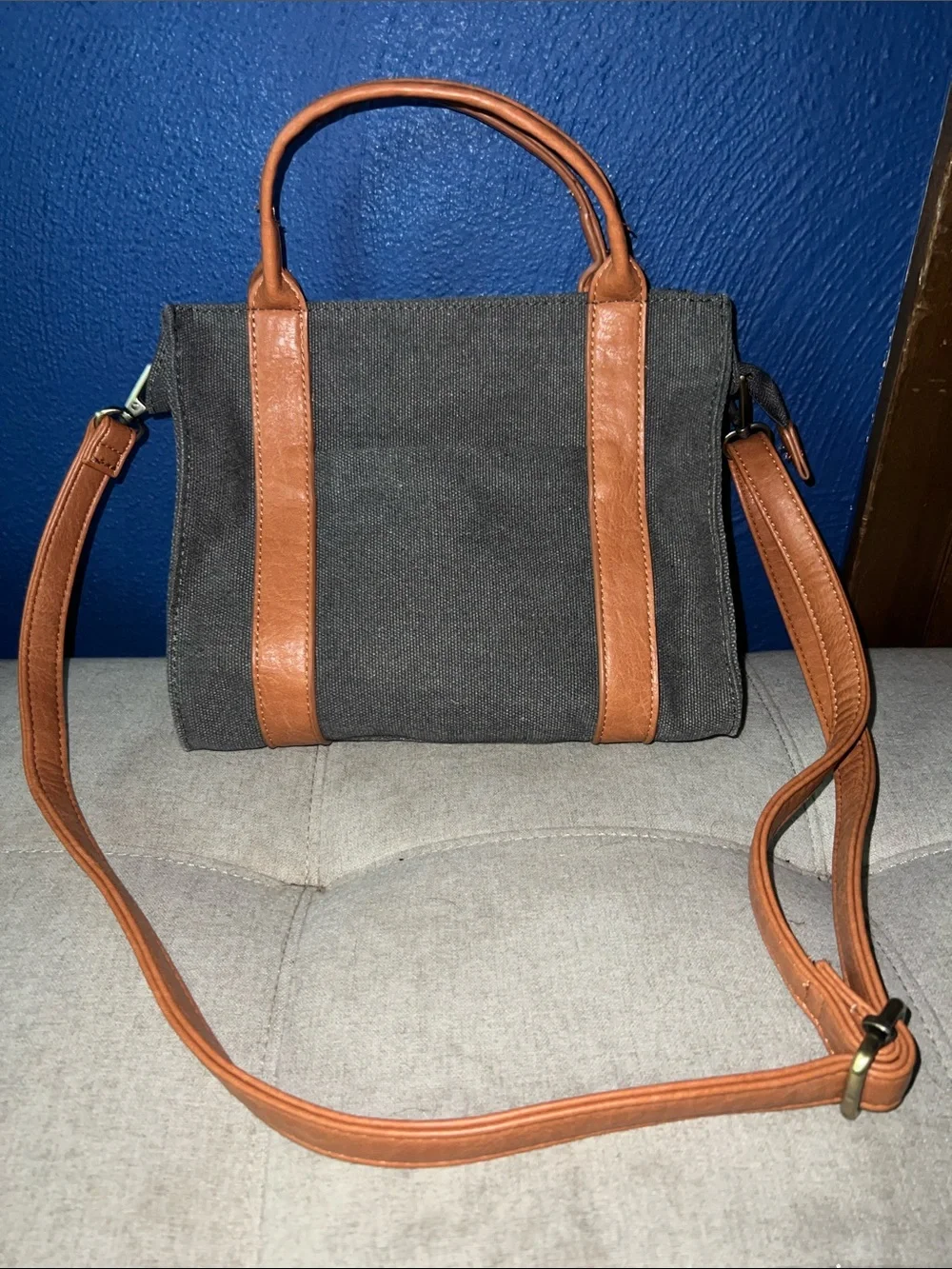 Joy Susan Black Canvas Shoulder Bag with Brown Trim